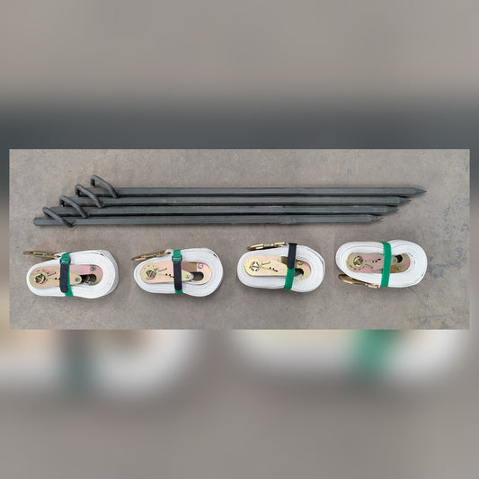 Aircraft tie-down kit — four CGU-1/B straps and four steel ground stakes